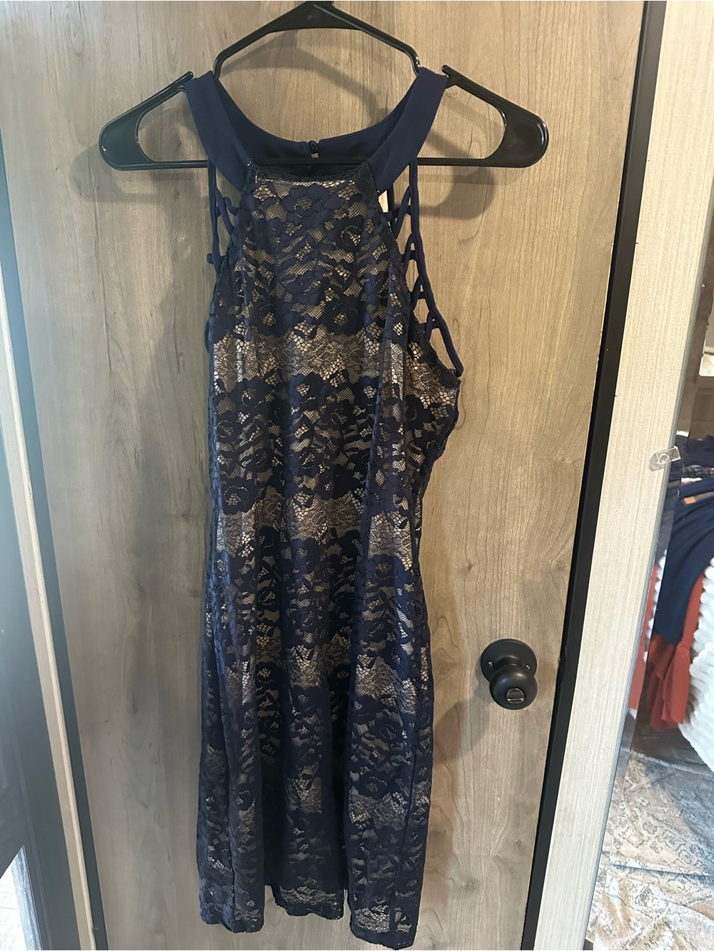 BaileyBlue Navy Floral Lace Dress Size L Strappy Cutout Fit & Flare